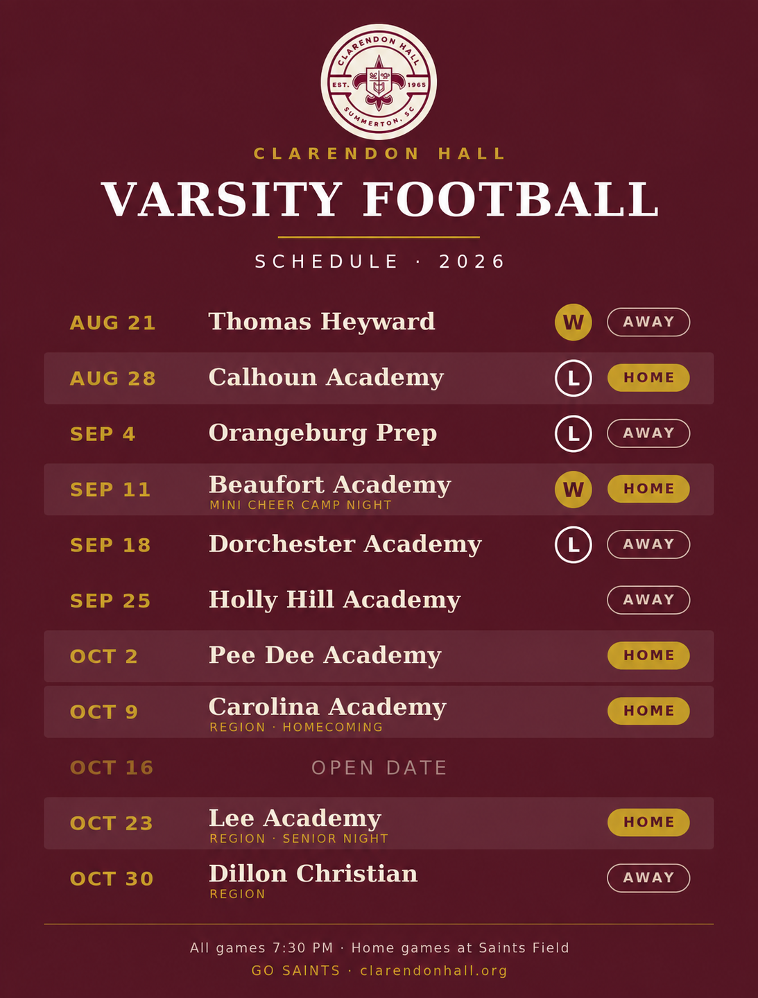 Clarendon Hall Varsity Football Schedule 2026 with Week 5 results