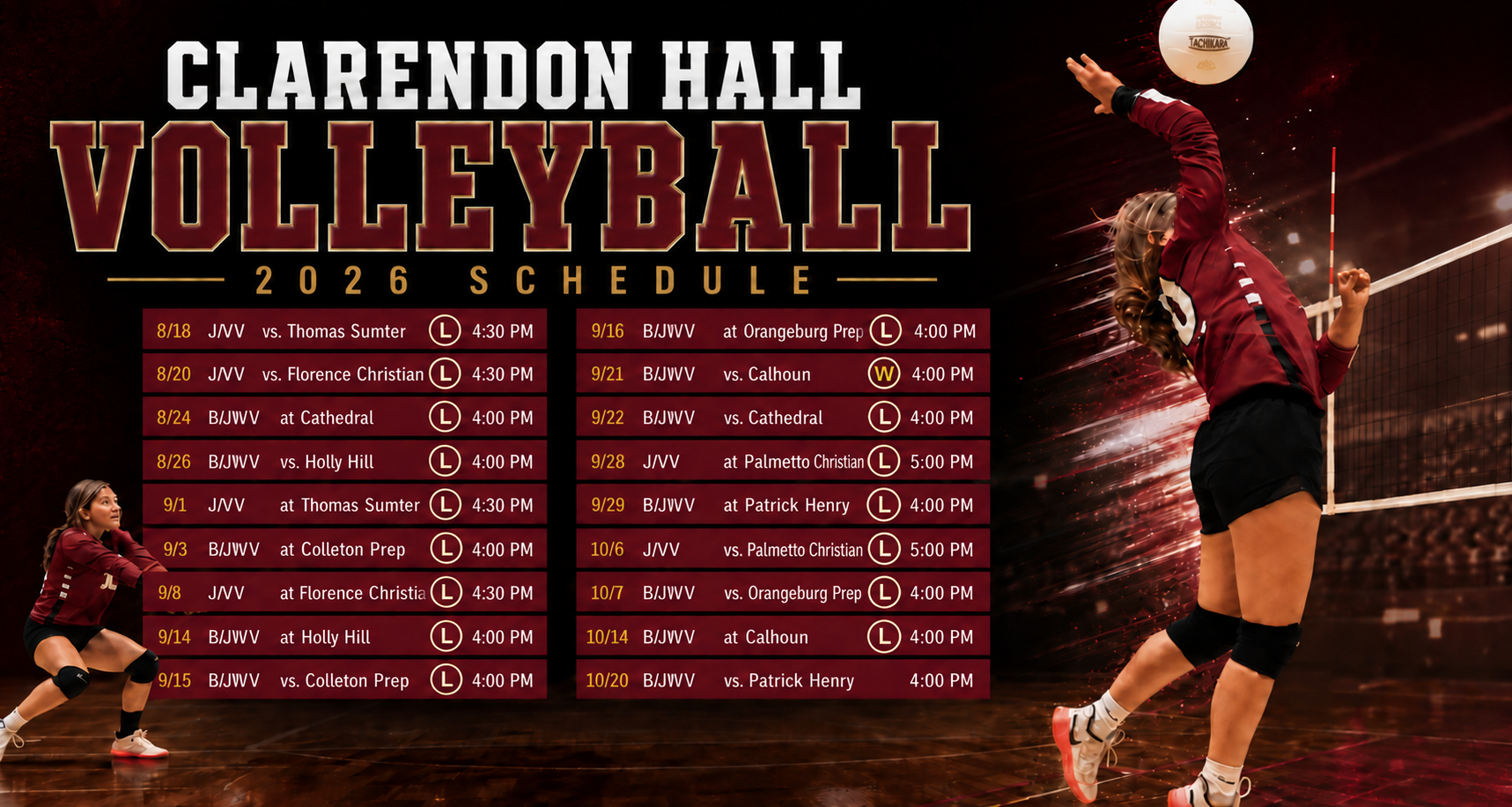 Clarendon Hall 2026 volleyball schedule showing match results through October 14.